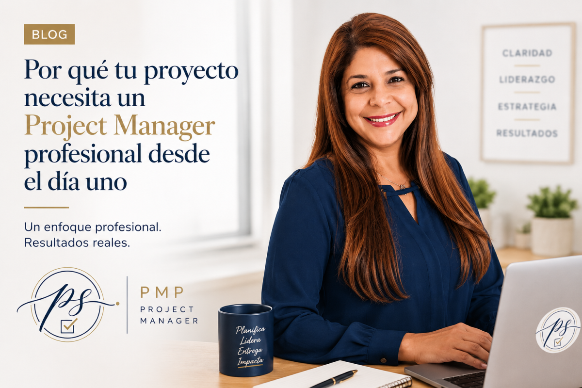 Consultora PMP Paulette Soto en un entorno profesional de trabajo, destacando la importancia de la gestión de proyectos, el liderazgo estratégico y la obtención de resultados medibles para organizacio