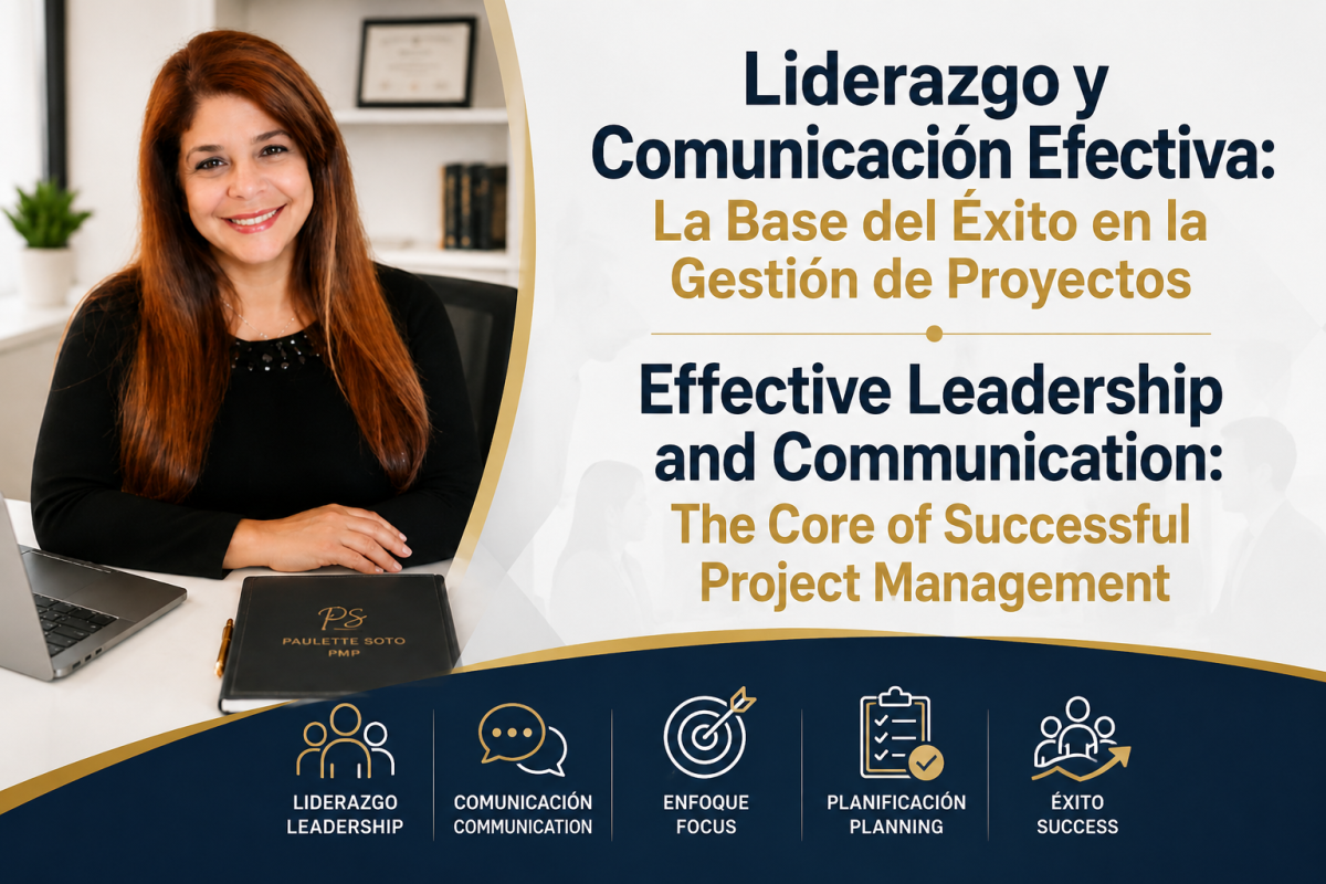 Consultora PMP Paulette Soto en un entorno profesional de trabajo, destacando la importancia de la gestión de proyectos, el liderazgo estratégico y la obtención de resultados medibles para organizacio